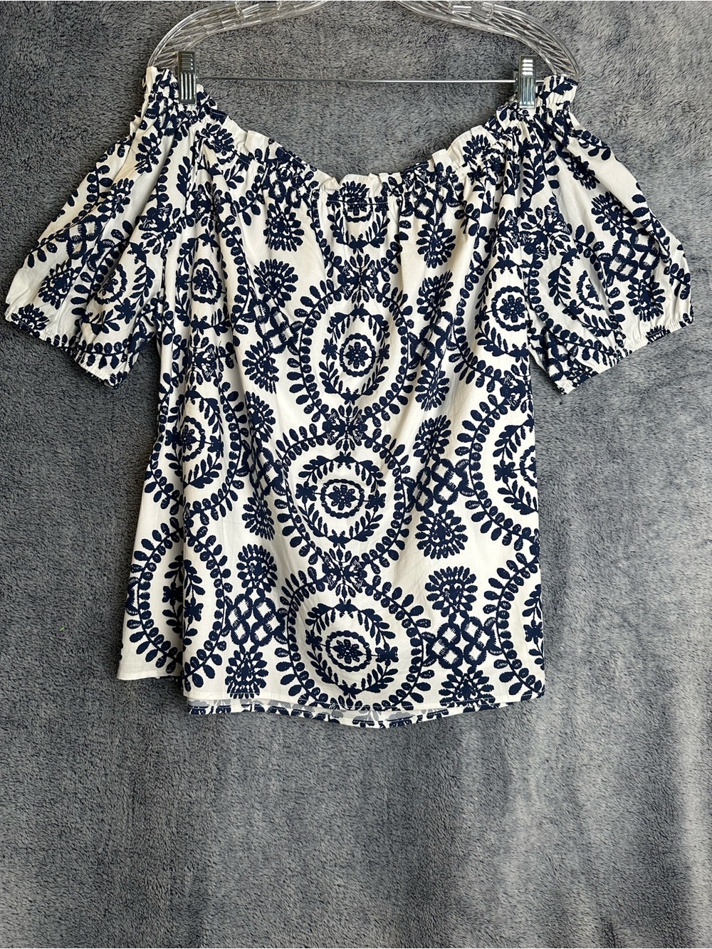 BTFBM Women's Off-Shoulder Navy and White Printed Top